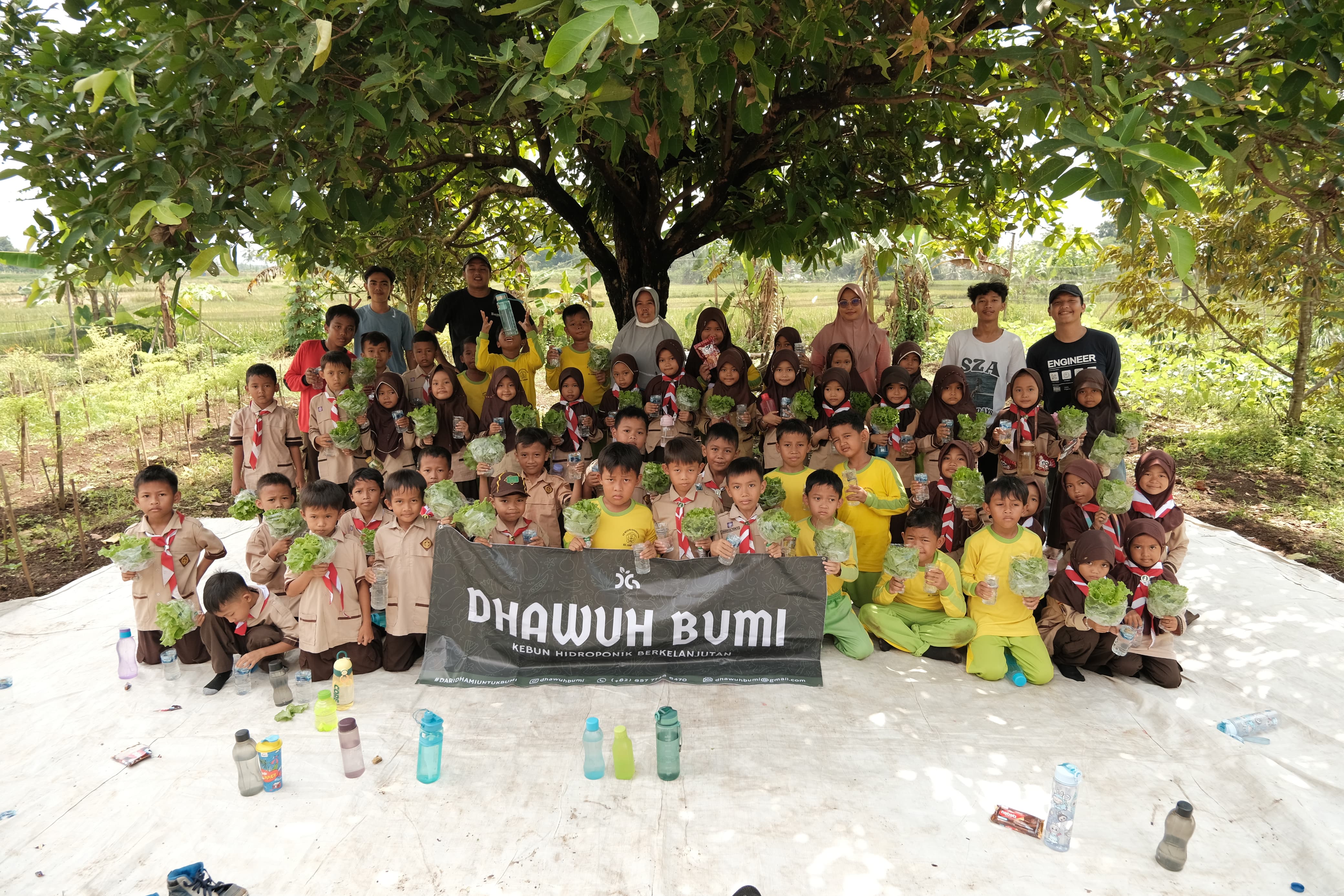 Puluhan siswa SD berseragam pramuka membawa selada di bawah pohon